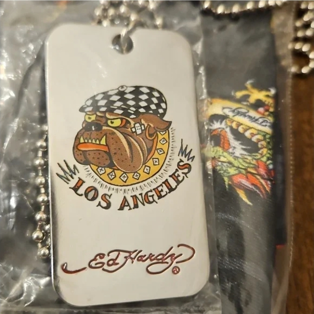 Ed Hardy White Dog Tag Necklace with Colorful Bulldog Graphic